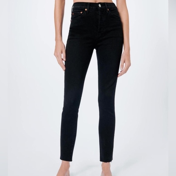 REDONE Black High Waisted  Jeans Comfort Stretch High Rise Ankle Crop - Picture 3 of 14